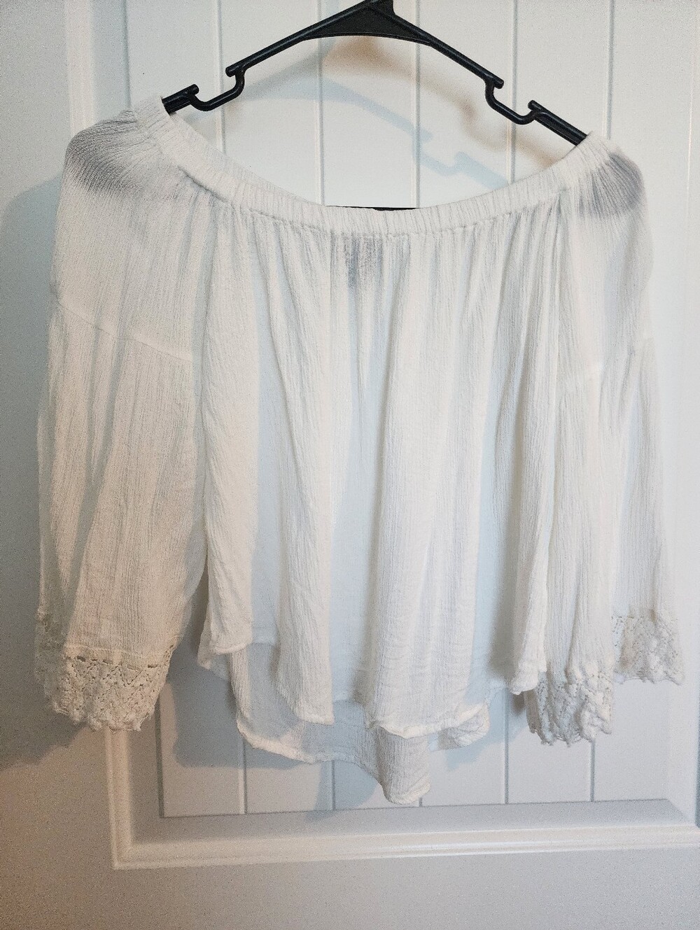 Off-Shoulder White Peasant Blouse with Lace Trim